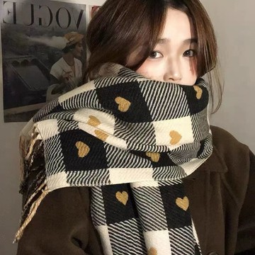 愛心格子圍巾女秋冬韓版高檔保暖圍巾
