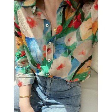 浪漫唯美小法式渲染朦朧綠底花木蘭春日氛圍感輕薄絲棉長袖襯衫