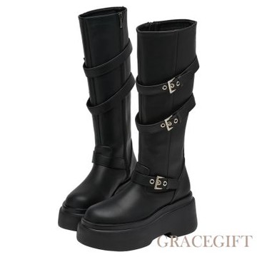 【Grace Gift】悅悅聯名-紐約街頭刷色扣環輕量厚底長靴 黑