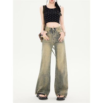 (免運)ZAZN美式復古水洗做舊不貼腿闊腿微喇褲百搭新款寬松顯瘦牛仔長褲