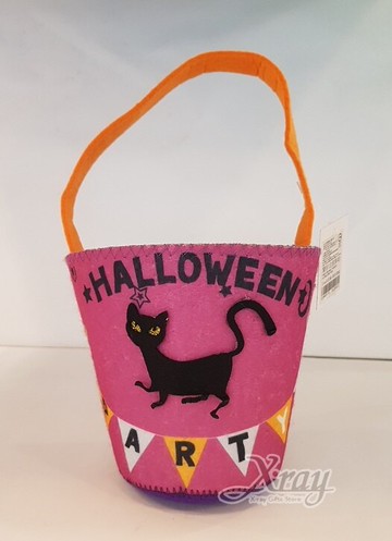 13cm印花桶-紫色貓，萬聖節/提袋/佈置/裝飾/擺飾/會場佈置/糖果袋/南瓜袋，X射線【W406102】