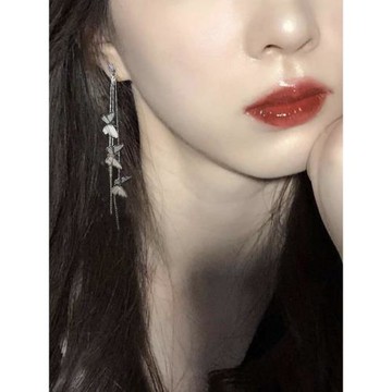 棉條蟲2025新款日韓超仙立體蝴蝶耳釘顯瘦臉長款流蘇鏈條耳環耳夾