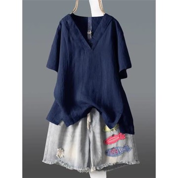 子末青合~日單V領純色亞麻T恤女短袖寬松大碼媽媽裝顯瘦棉麻上衣