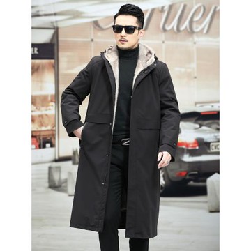 男士2026加厚款風衣中長款外套冬裝加厚夾棉黑色大碼水貂派克服