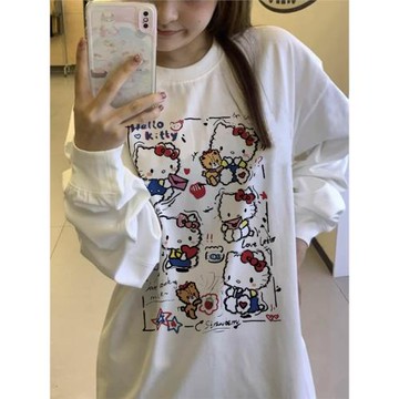 純棉早秋長袖漫畫kitty貓上衣女2024新款爆款設計感寬松打底衫ins