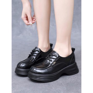 厚底英倫風小皮鞋女2025新款真皮春秋樂福鞋女系帶平底深口單鞋女