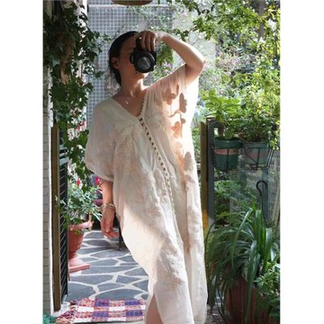 泰國手工刺子繡重工勾邊文藝休閑長袍民族風純棉寬松雞蛋花連衣裙