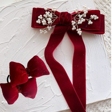 Love, Charlotte - 聖誕新年高級絲絨感珍珠彈簧髮夾配立體花朵髮圈-髮圈+彈簧夾三件組-袋裝