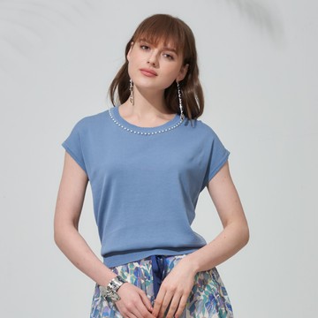 CLL巧玲瓏 氣質珍珠領針織上衣(湖藍色) 7298404