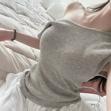 韓國東大門新款氣質不對稱華夫格斜肩緊身薄款微透短袖針織衫T恤