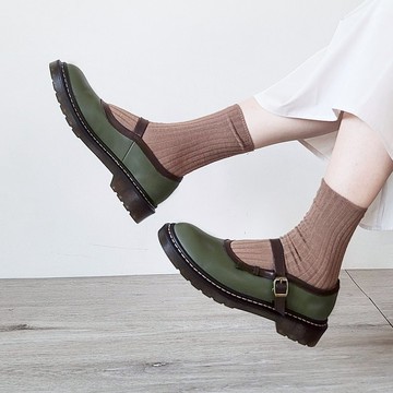 真皮 馬丁瑪莉珍鞋 馬丁鞋 - 顯白軍綠色 女鞋皮鞋