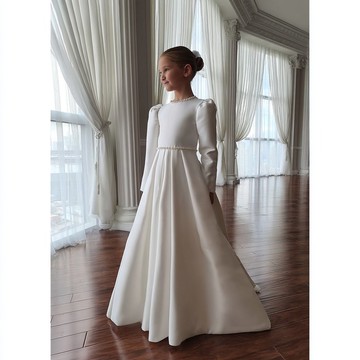 伴娘白色緞面女孩表演禮服 帶有珍珠 棉質 手工製作