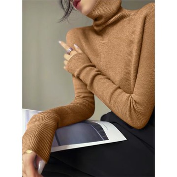 2024秋季新款長袖針織衫女裝純色堆堆領毛衣修身羊毛內搭打底上衣