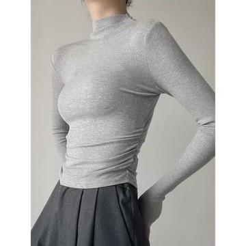 辣妹灰色半高領長袖T恤女氣質修身磨毛打底衫褶皺收腰短款上衣秋