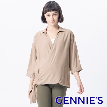 Gennies奇妮 側綁帶垂領孕婦襯衫(卡其T3L01)