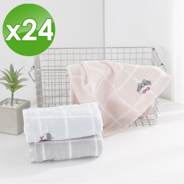 HKIL-巾專家 日系格子可愛貓咪圖案純棉毛巾-24入組