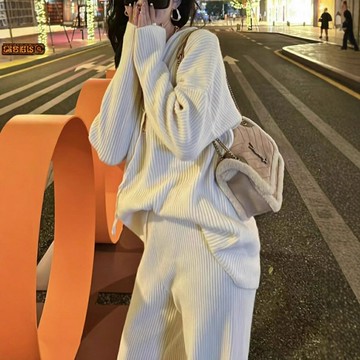 歐貨針織時尚套裝2025秋冬新款連帽寬松休閑毛衣闊腿褲兩件套女裝鑫弘-素時衣櫥