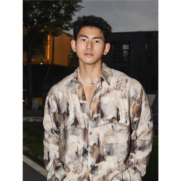 PAPASLILMONSTER夏季度假沙灘慵懶風長袖襯衫男 休閑寬松花襯衣女