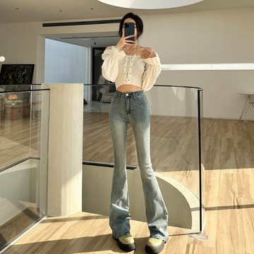 春秋季新款復古牛仔長褲女韓版高腰寬鬆彈力喇叭褲拖地褲