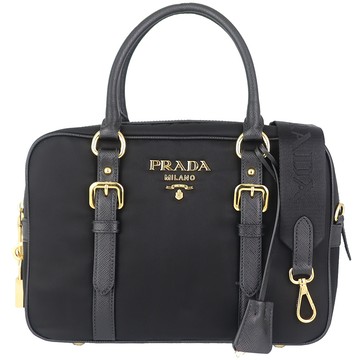 PRADA 黑尼龍品牌標誌方形鎖頭斜肩/手提包