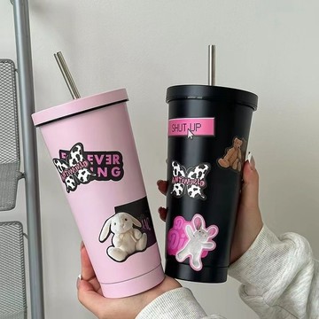 台灣出貨 雙層不銹鋼吸管杯 美式水杯 小眾學生上課喝水杯便攜ins高顏值大容量咖啡杯