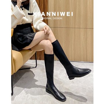 顯瘦高筒騎士靴女2025年春秋季新款平底不過膝長筒靴馬丁靴ins潮