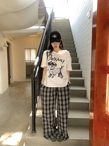 【missy shop】鬆弛感滿分格紋鬆緊腰長褲-85754