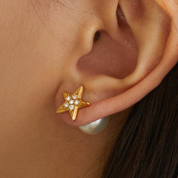 日本 Melody Accessory - 俏麗星星大珍珠單顆耳環-金 (耳針)