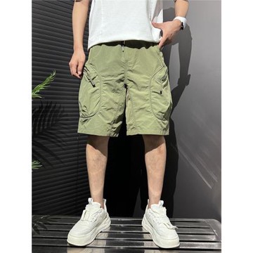 夏季新款復古迷彩涼感中褲拉鏈口袋工裝短褲男寬松冰絲速干五分褲