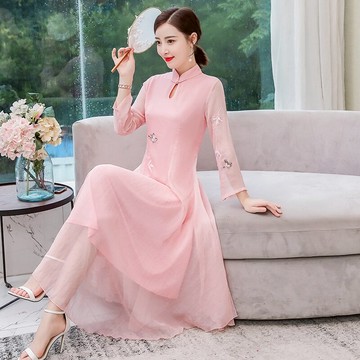 漢服女改良夏裝新款中式手繪茶服唐裝上衣民族風連衣裙奧黛旗袍裙1入