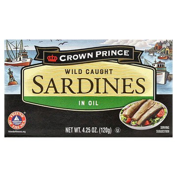 Crown Prince Natural, 野外捕獲沙丁魚，載於油中，4.25 盎司（120 克）