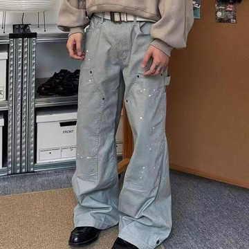 美式高街破洞直筒牛仔褲男秋季寬鬆小眾闊腿長褲休閒拖地褲子男
