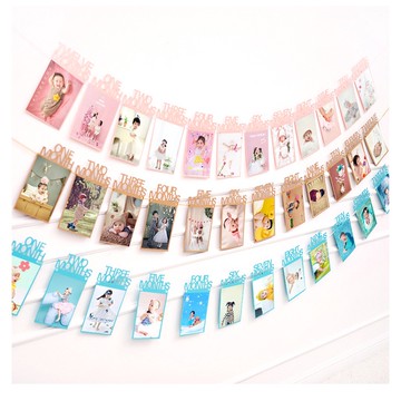 相片拉旗 生日佈置 十二個月照片拉旗相框拉旗 周歲佈置 兒童生日派對照片牆裝飾相片拉旗佈置十二個月照片夾旗幟