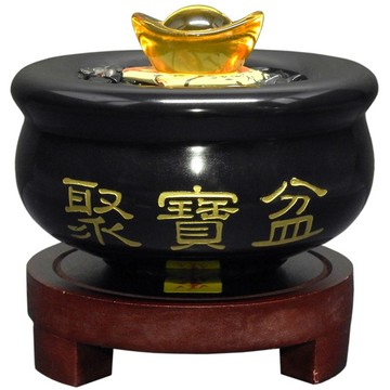 【吉祥開運坊】聚寶盆系列【七星黑曜石聚寶盆小型 附五色石 五帝錢 七星陣 底座】開光 擇日