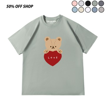 泰迪熊抱抱愛心 純棉短T 可愛插畫短袖T恤 女生短T 韓系寬鬆上衣 學生日系休閒T恤