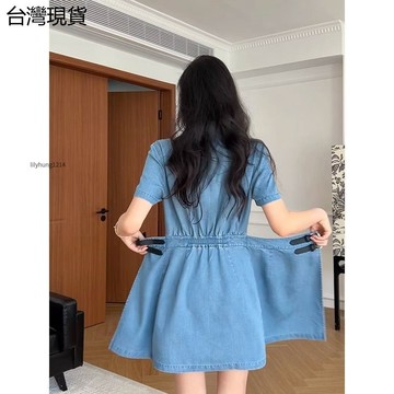 特價🈶夏季新款連衣裙女 韓系牛仔裙女 牛仔連衣裙 收腰短袖連衣裙女 大尺碼復古風一片式 收腰顯瘦連衣裙 設計感裙子ぃ