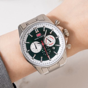 MINIFOCUS超越時間真三眼日期顯示金屬鍊帶手錶【WMF0469】-綠面銀帶