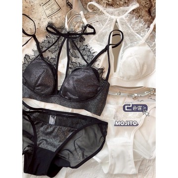 「MOJITO」性感獵手‧蕾絲花邊美背掛脖內搭胸衣設計感網紗修身顯瘦百搭打底無鋼圈成套內衣+內褲組(2色選) S-XL