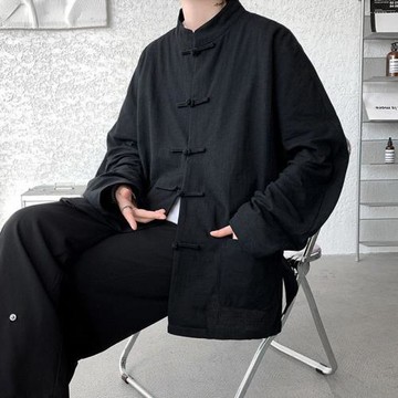 新中式盤扣亞麻襯衫男長袖中國風馬褂漢服唐裝外套加肥加大碼男裝
