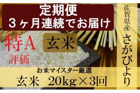 《3ヶ月毎月お届け》鹿島市産さがびより　玄米２０ｋｇ定期便 J-11