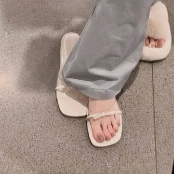 透明細跟一字拖鞋女夏2024新款百搭網紅蝴蝶結中跟方頭涼拖鞋外穿