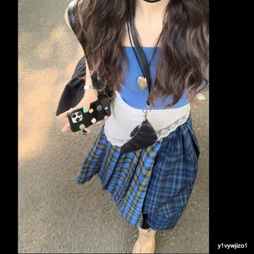 免運 台灣出貨 【6611人收藏】複古辣妹套裝女性感藍色弔帶背心夏季格紋百褶裙半身裙韓係三件套限時下殺