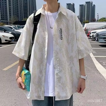 【精品男裝】夏季大碼美式工裝冰絲短袖襯衫男士加肥加大寬鬆帥氣百搭休閒襯衣 IPJS