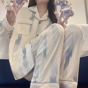 【限時下殺】睡衣女春秋款开衫100%涤棉简约卡通可爱日系长袖学生可外穿家居服w716