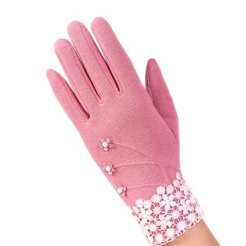 幸福揚邑 防風加絨觸控騎車開車保暖棉手套-典雅蕾絲-粉色