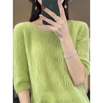 韓版短袖t恤女夏季新款圓領100純羊毛衫半袖薄款鏤空短款羊毛上衣