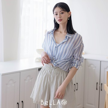 【買2送1】BeLLA  條紋襯衫上衣 天空藍
