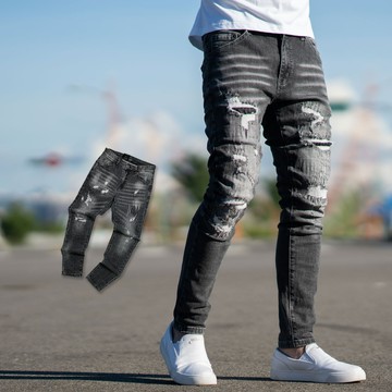 【NB1772J】韓國製黑灰刷色破壞感車線補丁合身版牛仔褲(LE-HB195)