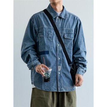 日系復古藍色工裝牛仔襯衫男長袖休閑襯衣春秋季潮流男士外套潮牌