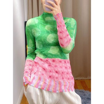三宅印花透視褶皺打底衫2025春夏新款洋氣修身顯瘦長袖高領上衣女